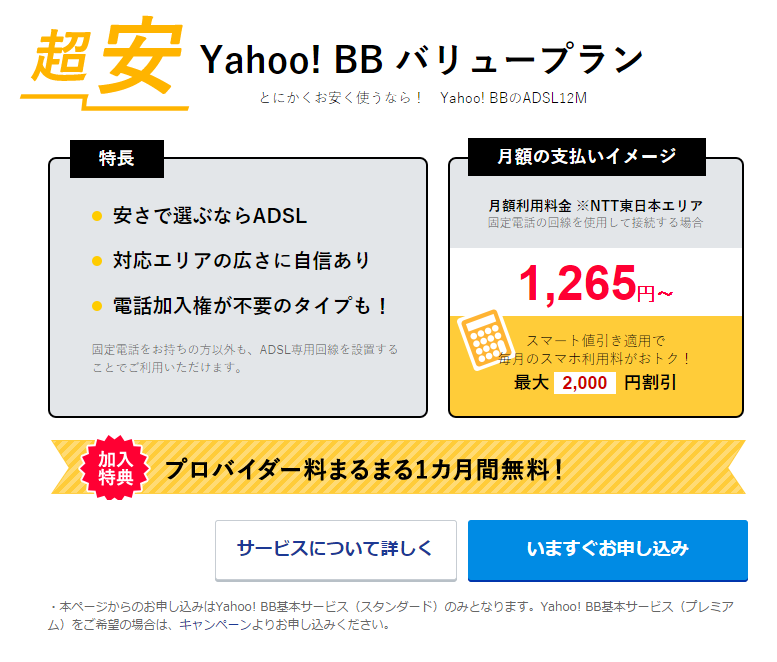 スマート割引き：Yahoo! BB バリュープラン（ADSL）